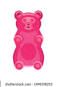 Vector detailed illustration of pink gummy bear or jelly bear. Children's fairytale candy. Childlike bear isolated on a white background. Illustration can be also used as a plush toy for children.