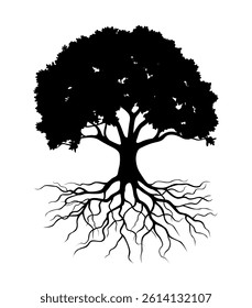 Vector detailed illustration of a tree with roots in black silhouette isolated on white background