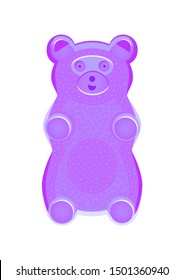 Vector detailed illustration of violet or purple gummy bear or jelly bear. Fairytale candy. Childlike bear isolated on a white background. Illustration can be also used as a plush toy for children.