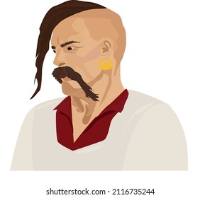 Vector detailed image of a Cossack, an ancient Ukrainian warrior with a mustache and sharp features, clearly traced facial contours, a symbol of Ukrainian history, a vector of a Cossack with  forelock