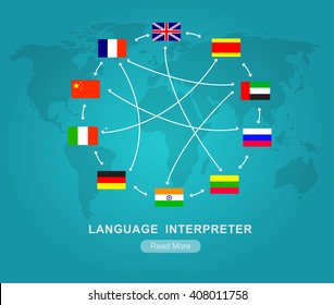 Vector detailed Language translator concept with flags of the world languages, cool flat  illustration