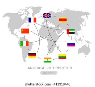 Vector detailed Language translator concept with flags of the world languages, cool flat  illustration