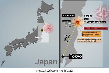 Vector detailed map of Japan with seismic epicenter, radioactive contamination, evacuation zones and cities