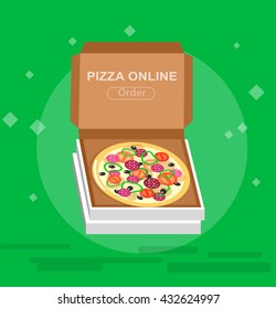 Vector detailed Online pizza order vector illustration. Vector pizza delivery fast to the door