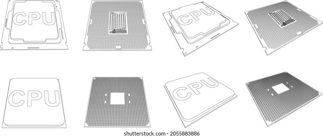 Vector detailed outline illustration of CPU semiconductor chip with contacts