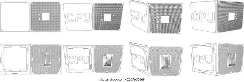 Vector detailed outline illustration of cpu semiconductor chip with contacts. Two types of computer processors