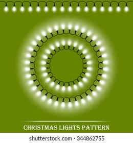 Vector detailed realistic Christmas white lights and circle frames on green background. Vector illustration