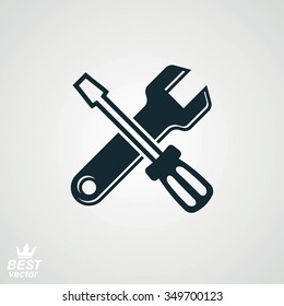 Vector detailed repair tool, service reparation tool. Industry conceptual icon, screwdriver and wrench crossed. Simple manufacturing design element.