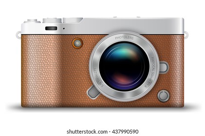 Vector detailed retro style mirrorless camera icon with brown leather isolated on white background
