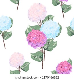 Vector detailed seamless pattern of hydrangea flowers on white background. Can be used as wedding element, floral design, greeting cards.