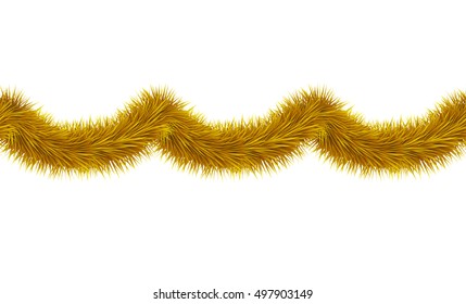Vector Detailed Seamless Tinsel Isolated On White Background. Gold Christmas Decoration. Golden Garland For Holiday Design. Curved Festive Frippery.