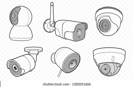 Vector detailed security camera wireless. Sketch outline web cam for watching and video record. Transparent backgroung.
