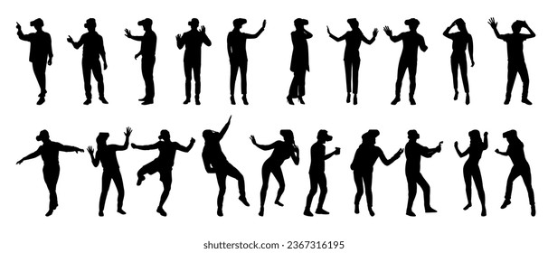 Vector detailed set silhouettes of peoples using virtual reality headset VR isolated on white background. Vector illustration.