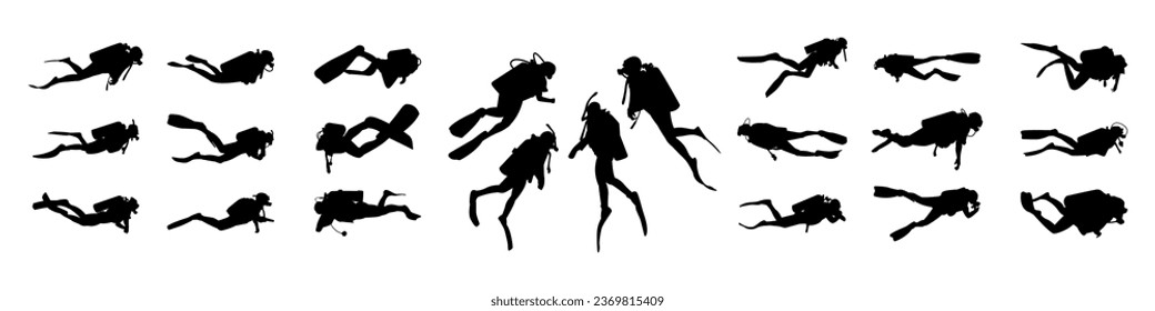 Vector detailed set silhouettes of scuba diving isolated on white background. Vector illustration