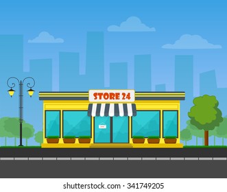 Vector detailed Shop or store or market on cityscape background.