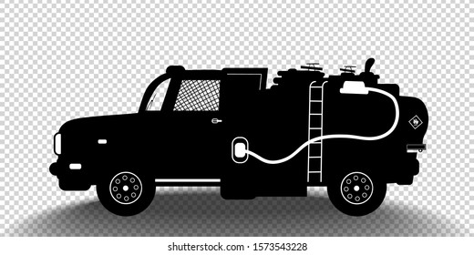 Vector detailed silhouette of fuel carrier truck isolated on transparent background. Black and white vehicle icon with shadow. Vector illustration