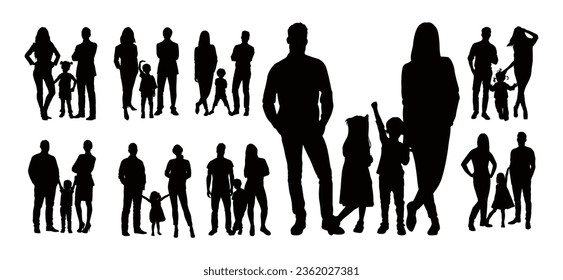 Vector detailed silhouette sets of crowd, family, group of people isolated on white background.
Family silhouette parents with children vector illustration.