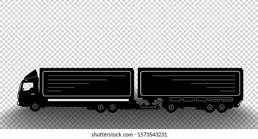 Vector detailed silhouette of truck with a trailer isolated on transparent background. Black and white vehicle icon with shadow. Vector illustration