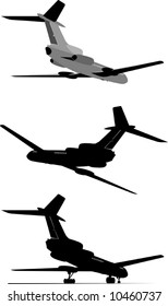 Vector detailed silhouettes of passenger jetliner. Isolated on white background. More vector airplanes see in my portfolio