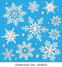 Vector Detailed snowflakes with sparkles, created in white, blue and silver. Can be used as a seamless wallpaper tile. Use as a winter or christmas holiday design.