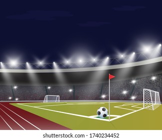 Vector detailed soccer stadium background with realistic goal  net and lighting