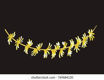 Vector detailed tinsel isolated on black background. Gold christmas decoration. Golden garland for holiday design.