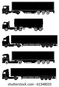 Vector detailed trucks silhouettes set