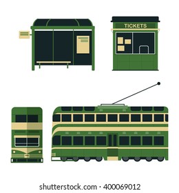 Vector detailed two-storey tram car, station, ticket booth, isolated. For urban lifestyle, touristic and sightseeing graphic and web design