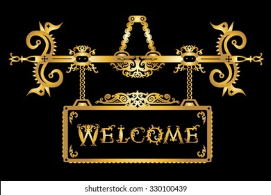 Vector detailed vintage golden signboard and font "Welcome" in a gothic Halloween style on black background. Vector illustration