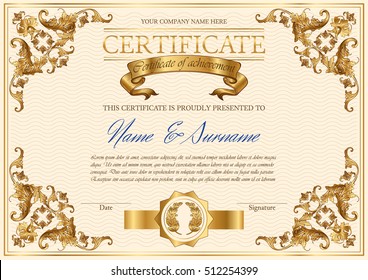 Vector detailed vintage style certificate of achievement. Elegant royal design for completion, appreciation or achievement certificates. Only free fonts used. Font name included in the layers