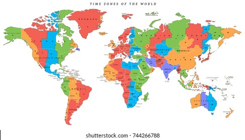 Vector detailed world map with time zones and countries