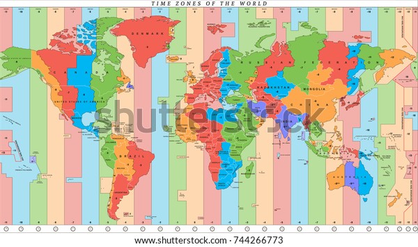 Vector\
detailed world map with time zones and\
countries
