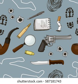 Vector detective crime icons set pattern