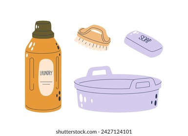 Vector Detergent Bottle Contains Liquid For Cleaning, Typically For Laundry Or Dishes. A Basin Is Bowl For Holding Water