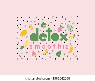 Vektorillustration-Entgiftungs-Smoothie-Poster im Doppel-Flachstil. Vektorillustration, die den Detox-Smoothie mit Obst und Gemüse gesunde Lebensmittel.