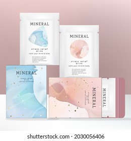 Vector Detox, Stress Relief or Collagen Powder Drink Powder Packet with Carton Box Packaging. Watercolor Abstract Pattern.