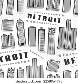 Vector Detroit Seamless Pattern, repeating background with illustration of famous detroit city scape on white background for wrapping paper, monochrome line art urban poster with black text detroit