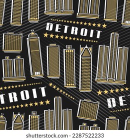 Vector Detroit Seamless Pattern, square repeat background with illustration of famous detroit city scape on dark background for wrapping paper, decorative line art urban poster with white text detroit