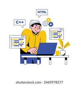 Vector of developer man developing program wearing beanie while standing in front of laptop on him desk