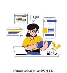 Vector of developer woman developing program using ipad or research for develop ui ux program.