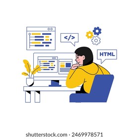 Vector of developer woman thinking in front of pc desktop to developing program or solving the problem on program code