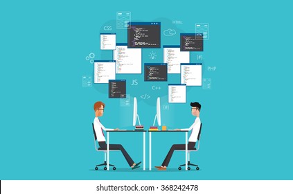 vector developer working on workplace.  develop for website and application.programming.business character.programmer.web creative design
