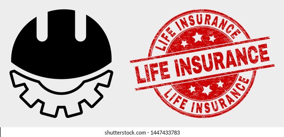 Vector development helmet icon and Life Insurance watermark. Red round distress watermark with Life Insurance text. Vector composition for development helmet in flat style.