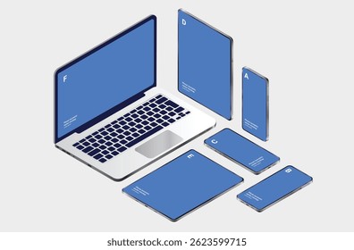 Vector device isometric collection - Mobile phones, laptop computer, and tablets in various angels, laying down and standing. Semi realistic professional illustration mockup