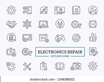 Vector device repair Icons Design. Thin Line Symbols Set for gadget Service website. Symbol collection with battery, micro scheme, bug fixing, documentation, development system