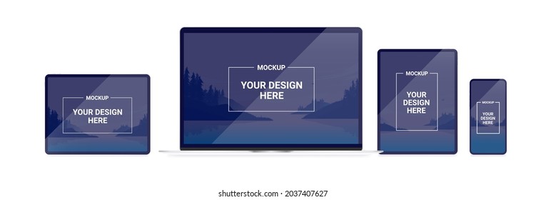 Vector device screens mockup - Laptop, tablet and smartphone screen with replaceable design. Template for responsive design.