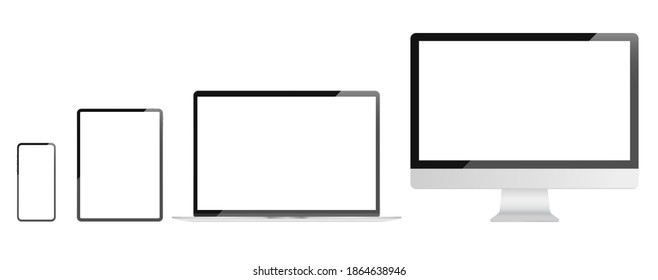 Vector device screens - Realistic set of unbranded computers, tablet and smartphone with blank transparent screens. Responsive design mockup concept.