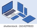 Vector devices isometric collection - Laptop computer, mobile phones and tablets in various angels, laying down and standing. Semi realistic professional illustration collection on blue background