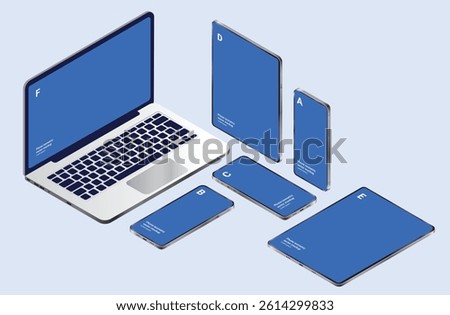Vector devices isometric collection - Laptop computer, mobile phones and tablets in various angels, laying down and standing. Semi realistic professional illustration collection on blue background