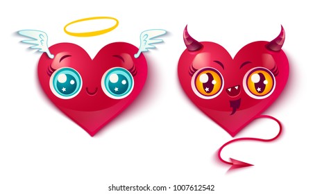 Demonio vectorial y corazones ángeles. Dos bonitos corazones para San Valentín al estilo kawaii. corazones malos y buenos.